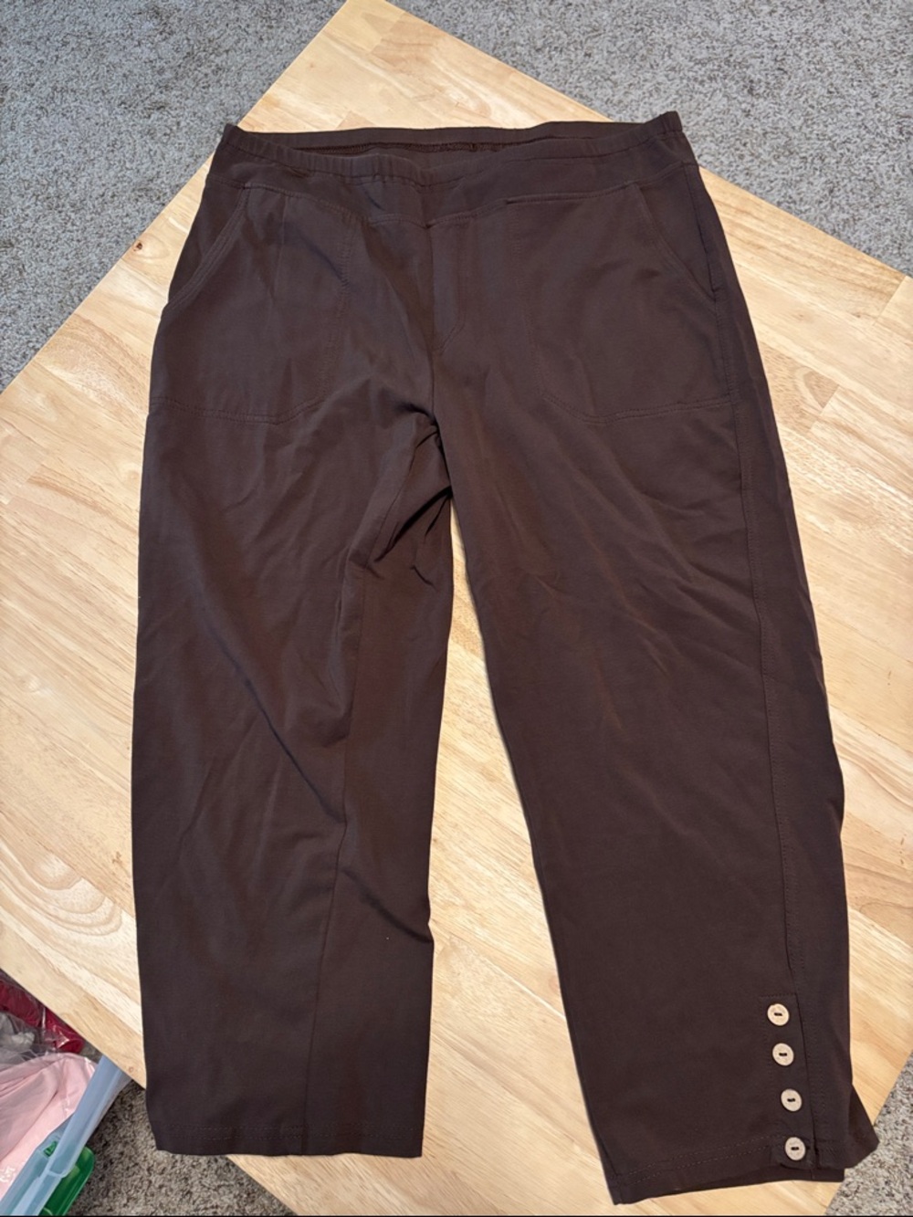 Onque Casuals  Dark Brown capri Pants with Hem Button Detail